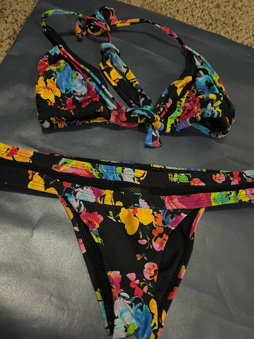 Pilyq Black Bikini with Neon Floral Print Size D and M